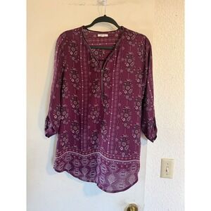 Maurices Womens Burgundy Floral Print Zipper Neck 3/4‎ Sleeve Tunic Top M  Boho